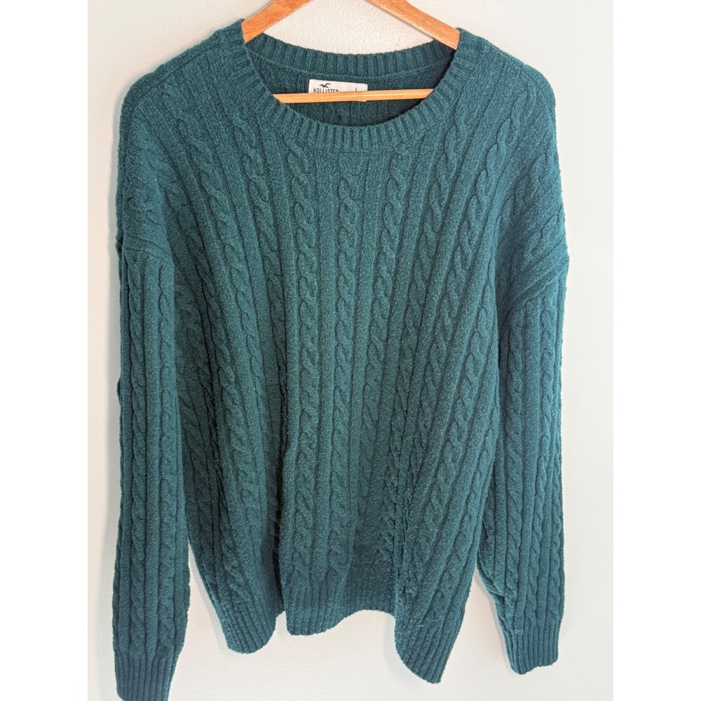 Hollister Womens Large Dark Teal Green Cable Knit Crew Neck Pullover Sweater